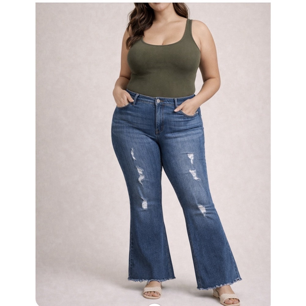 Denim 1946 Women's Size 18W Distressed Flare Jeans Stretch Blue High Rise Plus